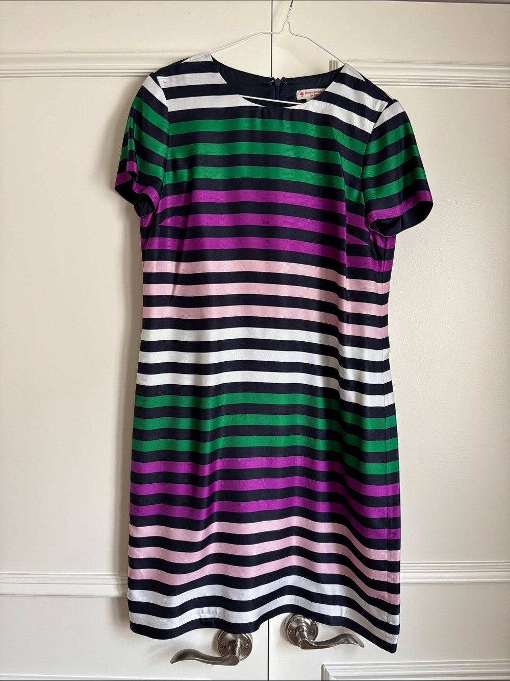 Brooks Brothers 100% Silk Striped Dress in Green, Purple, Pink, Navy & White